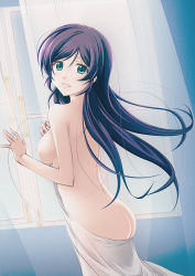 Rule 34 | 10s, 1girl, alternate breast size, alternate hairstyle, ass, blanket, breasts, curtains, from behind, green eyes, hair down, long hair, looking back, love live!, love live! school idol project, medium breasts, nipples, open mouth, purple hair, see-through, slowpit, smile, solo, tojo nozomi, window