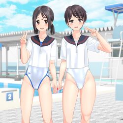 Rule 34 | 2girls, absurdres, black hair, black sailor collar, blue sky, breasts, brown eyes, cameltoe, cloud, collarbone, commentary request, competition swimsuit, covered navel, day, feet out of frame, highres, lifeguard chair, logo, looking at viewer, low twintails, multicolored clothes, multicolored swimsuit, multiple girls, one-piece swimsuit, original, outdoors, pool, poolside, sailor collar, sailor shirt, school uniform, serafuku, shirt, short hair, sky, small breasts, starting block, swimsuit, swimsuit under clothes, takafumi, twintails, v, white one-piece swimsuit, white shirt