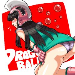 Rule 34 | 1girl, ass, bent over, black hair, blush, brown eyes, chi-chi (dragon ball), covering privates, dragon ball, embarrassed, gloves, helmet, hime cut, long hair, looking back, panties, pantyshot, solo, underwear, yapo (croquis side)