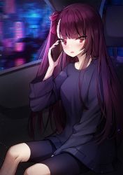 Rule 34 | 1girl, ankkoyom, arm up, bad id, bad pixiv id, bike shorts, black sweater, blunt bangs, blush, car, girls&#039; frontline, hair ribbon, half updo, highres, holding, long hair, looking at viewer, motor vehicle, one side up, open mouth, phone, purple hair, red eyes, red ribbon, ribbon, solo, sweater, tsundere, wa2000 (girls&#039; frontline), wide sleeves