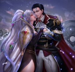 Rule 34 | 1boy, 1girl, absurdres, armor, ascot, black cape, black capelet, black hair, blue eyes, blush, braid, cape, capelet, commentary, english commentary, fire emblem, fire emblem: genealogy of the holy war, gloves, highres, holding hands, ishtar (fire emblem), light particles, lightning, looking at another, loptoart, nintendo, pauldrons, purple eyes, reinhardt (fire emblem), shoulder armor, side ponytail, smile, white cape, white gloves