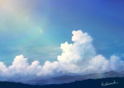 Rule 34 | alu.m (alpcmas), blue sky, cloud, commentary, grass, hill, lens flare, mountainous horizon, no humans, original, scenery, signature, sky, sunlight