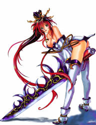 Rule 34 | 1girl, ass, banpresto, bare shoulders, between thighs, black hair, blush, breasts, cleavage, covered erect nipples, detached sleeves, dress, green eyes, hair ornament, high heels, huge weapon, jian huang, large breasts, legs, long hair, long legs, multicolored hair, nanbu kaguya, panties, ponytail, red hair, shadow, shoes, solo, strapless, strapless dress, super robot wars, super robot wars og saga mugen no frontier, sword, thighhighs, thighs, two-tone hair, underwear, weapon, white thighhighs