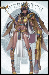 Rule 34 | 1girl, absurdres, alternate eye color, alternate hair length, alternate hairstyle, armlet, between breasts, bracelet, breasts, breasts apart, cape, captain chengsi, circlet, collarbone, copyright name, covered erect nipples, dark-skinned female, dark skin, egyptian, egyptian clothes, eye of horus, eyebrows, eyelashes, facial mark, facial tattoo, groin, hair tubes, headgear, high heels, highres, holding, jewelry, lips, long hair, looking at viewer, midriff, navel, necklace, open mouth, overwatch, overwatch 1, pelvic curtain, pharah (overwatch), pink lips, red eyes, rocket launcher, sidelocks, solo, spread wings, stomach, tattoo, very long hair, weapon, wings