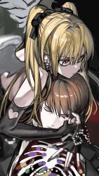 Rule 34 | 1boy, 1girl, 2pineapplepizza, amane misa, bare shoulders, black gloves, black nails, blonde hair, brown hair, closed eyes, closed mouth, death note, determined, earrings, fingerless gloves, gloves, highres, holding, jewelry, long hair, nail polish, red eyes, short hair, twintails, two side up, wings, yagami light