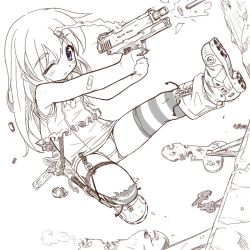 Rule 34 | 1girl, bandaid, boots, bullet casing, camisole, casing ejection, child, cocking gun, firing, gun, handgun, holster, itoji, monochrome, muzzle flash, old school swimsuit, one-piece swimsuit, one eye closed, phallic symbol, pistol, purple eyes, school swimsuit, semi-automatic firearm, shell casing, solo, spot color, striped clothes, striped thighhighs, swimsuit, swimsuit under clothes, thigh holster, thigh strap, thighhighs, weapon, wink