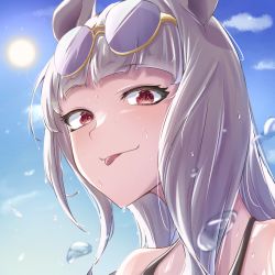 Rule 34 | 1girl, :p, absurdres, animal ears, bare shoulders, blue sky, closed mouth, cloud, commentary request, day, eyewear on head, gold ship (run revolt launcher) (umamusume), gold ship (umamusume), grey hair, highres, horse ears, looking at viewer, merurunya, outdoors, purple-tinted eyewear, red eyes, sky, smile, solo, sun, tinted eyewear, tongue, tongue out, umamusume, upper body, water drop, yellow-framed eyewear