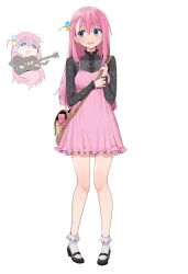 Rule 34 | 1girl, absurdres, bare legs, black shirt, blue eyes, bocchi the rock!, chen yang yang, chibi, chibi inset, dress, electric guitar, ghost, gotoh hitori, guitar, highres, holding, holding instrument, instrument, long hair, looking to the side, nervous, pink dress, pink hair, shirt, solo, sweat, white background