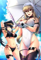 Rule 34 | 2girls, absurdres, bare shoulders, bikini, black hair, blonde hair, breasts, commentary request, covered navel, cowboy shot, day, eyepatch, gloves, habit, hair between eyes, harness, hat, highres, holding, holding umbrella, large breasts, leotard, long hair, looking at viewer, military hat, mole, mole under mouth, multiple girls, navel, nun, ocean, open mouth, original, outdoors, ponytail, purple eyes, red eyes, see-through, swimsuit, tatsuma daisuke, teeth, thigh strap, thighhighs, tongue, umbrella, water