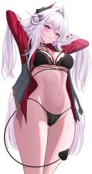 1girl absurdres aircell armpits arms_behind_head arms_up bare_legs black_bra black_choker black_panties blush bra breasts bright_pupils choker cleavage closed_mouth commentary cowboy_shot demon_tail fake_horns fake_tail groin hair_between_eyes hair_intakes highres honkai_(series) honkai_impact_3rd horns jacket jewelry large_breasts long_hair looking_at_viewer navel necklace open_clothes open_jacket paid_reward_available panties parted_lips purple_eyes red_jacket simple_background smile solo standing stomach tail thelema_nutriscu thelema_nutriscu_(gentle_is_the_night) underwear very_long_hair white_background white_hair white_pupils