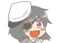 Rule 34 | 10s, 1girl, aqua eyes, black hair, blush, dot nose, eyepatch, gyate gyate, hat, ikiyouz, kantai collection, kiso (kancolle), lowres, open mouth, portrait, short hair, simple background, solo, transparent background, v-shaped eyebrows
