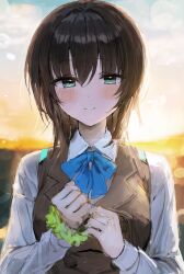 Rule 34 | 1girl, absurdres, aoi erika, aqua eyes, black hair, blue bow, bow, bracelet, brown vest, green eyes, heaven burns red, highres, jewelry, lens flare, long sleeves, looking at viewer, outdoors, shirt, smile, solo, sonchi, sunrise, upper body, vest, white shirt
