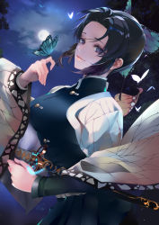 Rule 34 | 1girl, absurdres, belt, black hair, blush, breasts, bug, butterfly, butterfly hair ornament, butterfly on hand, buttons, cekonikova, closed mouth, cloud, cloudy sky, commentary request, feet out of frame, forehead, gradient hair, hair intakes, hair ornament, haori, highres, insect, japanese clothes, katana, kimetsu no yaiba, kochou shinobu, large breasts, lips, long sleeves, looking at viewer, medium breasts, moon, moonlight, multicolored hair, night, outdoors, parted bangs, pocket, purple eyes, purple hair, school uniform, short hair, sky, smile, solo, standing, sword, uniform, weapon