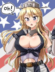 Rule 34 | 10s, 1girl, american flag, belt, blonde hair, blue eyes, breasts, buckle, cleavage, cowboy shot, elbow gloves, fingerless gloves, front-tie top, gloves, hair between eyes, headgear, iowa (kancolle), kantai collection, large breasts, miniskirt, open mouth, skirt, solo, star-shaped pupils, star (symbol), symbol-shaped pupils, thighhighs, triangle mouth, yong-gok