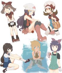 Rule 34 | 6+girls, beanie, black hair, blue eyes, blue hair, boots, breasts, brown eyes, brown hair, cabbie hat, character request, closed mouth, creatures (company), dawn (pokemon), game freak, gen 1 pokemon, giselle (pokemon), gym leader, hat, hat ribbon, highres, kelly (pokemon), long hair, looking at viewer, loose socks, lyra (pokemon), may (pokemon), misty (pokemon), multiple girls, nintendo, nyonn24, open mouth, orange hair, overalls, pink footwear, poke ball, poke ball (basic), pokemon, pokemon (anime), pokemon (classic anime), pokemon (creature), pokemon dppt, pokemon hgss, pokemon rse, pokemon rse (anime), ribbon, short hair, simple background, skirt, socks, starmie, staryu, swimsuit, twintails, water, white background