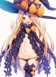 Rule 34 | 1girl, :d, abigail williams (fate), abigail williams (second ascension) (fate), asymmetrical legwear, bad id, bad pixiv id, black bow, black hat, black panties, black thighhighs, blonde hair, blush, bow, breasts, commentary request, double v, fang, fate/grand order, fate (series), groin, hat, hat bow, head tilt, keyhole, long hair, looking at viewer, meion, navel, open mouth, orange bow, panties, parted bangs, red eyes, revealing clothes, simple background, single thighhigh, small breasts, smile, solo, thighhighs, topless, underwear, uneven legwear, v, very long hair, white background, white hair