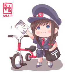 Rule 34 | 10s, 1girl, 2016, :3, aged down, alternate costume, bag, blue eyes, blush, blush stickers, braid, brown hair, chibi, dated, duffel bag, hair over shoulder, hair ribbon, hat, highres, kanon (kurogane knights), kantai collection, letter, long hair, mailman, necktie, red necktie, ribbon, shigure (kancolle), short sleeves, shorts, simple background, single braid, solo, standing, tricycle, uniform, vehicle, white background