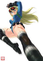 Rule 34 | 1girl, alternate costume, alternate hairstyle, belt, blonde hair, blue eyes, blue leotard, boots, breasts, cammy white, camouflage, center opening, cleavage, covered erect nipples, facepaint, fingerless gloves, flying kick, gloves, goggles, goggles on head, hair between eyes, hair down, highres, kicking, knee pads, leotard, long hair, looking at viewer, medium breasts, michitarou, motion blur, solo, street fighter, street fighter v, thigh boots, thighhighs, thong leotard, utility belt