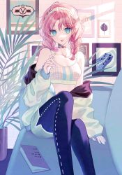 Rule 34 | 1girl, :p, absurdres, arknights, bare shoulders, blue eyes, blue pants, blue poison (arknights), blue poison (shoal beat) (arknights), blue shorts, crop top, feet out of frame, hairband, highres, indoors, jacket, leggings, long hair, long sleeves, looking at viewer, midriff, off shoulder, official alternate costume, open clothes, open jacket, osage (8545675), pants, pink hair, short shorts, shorts, solo, spaghetti strap, sports bra, standing, tongue, tongue out, white jacket