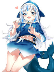 Rule 34 | 1girl, animal costume, animal hood, blue eyes, blue hair, blue hoodie, blue nails, blunt bangs, blush, claw pose, commentary, cowboy shot, drawstring, fake tail, fins, fish bone, fish skeleton, fish tail, gawr gura, gawr gura (1st costume), heart, hololive, hololive english, hood, hood up, hoodie, long hair, long sleeves, looking at viewer, midriff, multicolored hair, nail polish, navel, open mouth, picter, shark costume, shark hood, shark tail, sharp teeth, sidelocks, silver hair, simple background, solo, standing, stomach, streaked hair, tail, teeth, upper teeth only, virtual youtuber, white background, zipper pull tab