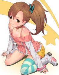 Rule 34 | 1girl, ama mitsuki, bare shoulders, blush, brown hair, butterfly hair ornament, chousoku henkei gyrozetter, collarbone, downblouse, hair ornament, inaba rinne, long hair, roller skates, shorts, side ponytail, single thighhigh, sitting, skates, smile, solo, star (symbol), striped clothes, striped thighhighs, thighhighs, wariza, yellow eyes