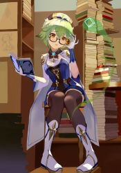 Rule 34 | 1girl, amber (gemstone), animal ears, antenna hair, beret, black-framed eyewear, blue dress, book, book stack, boots, breasts, brown thighhighs, cape, chair, dress, gem, genshin impact, glasses, gloves, green hair, hand up, hat, highres, holding, holding book, long sleeves, looking at viewer, ocarino, open mouth, semi-rimless eyewear, short hair, shrug (clothing), sitting, small breasts, solo, sucrose (genshin impact), thighhighs, under-rim eyewear, white footwear, white gloves