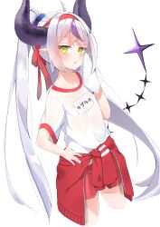 Rule 34 | 1girl, absurdres, ahoge, black horns, braid, braided bangs, clothes around waist, grey hair, gym uniform, highres, hololive, horns, kamaboko (kmm15a), la+ darknesss, multicolored hair, pointy ears, ponytail, purple hair, solo, streaked hair, striped horns, sweater, sweater around waist, towel, virtual youtuber, yellow eyes