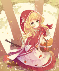 Rule 34 | 1girl, apple, bad id, bad pixiv id, baocaizi, blonde hair, blush, boots, bread, dress, food, fruit, gloves, green eyes, gun, highres, little red riding hood, little red riding hood (grimm), long hair, mushroom, rifle, solo, strawberry, weapon, wolf