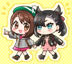 Rule 34 | 2girls, :d, artist name, asymmetrical bangs, backpack, bag, black collar, black footwear, black jacket, blue eyes, blush, boots, brown eyes, brown footwear, brown hair, cardigan, chibi, closed mouth, collar, collarbone, collared dress, commentary, creatures (company), dress, earrings, english commentary, game freak, gloria (pokemon), green headwear, green legwear, grey cardigan, hair between eyes, hat, high heel boots, high heels, highres, holding hands, hood, hood down, hooded cardigan, jacket, jewelry, long sleeves, marnie (pokemon), mono land, multiple girls, nintendo, notice lines, open clothes, open jacket, open mouth, outstretched arm, pink dress, plaid, plaid legwear, pokemon, pokemon swsh, polka dot, polka dot background, puffy long sleeves, puffy sleeves, smile, socks, tam o&#039; shanter, twintails, yellow background