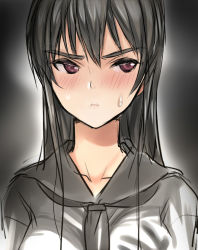 Rule 34 | 1girl, black hair, blush, breasts, cleavage, coin rand, collarbone, lips, looking to the side, original, red eyes, school uniform, sketch, solo, sweatdrop
