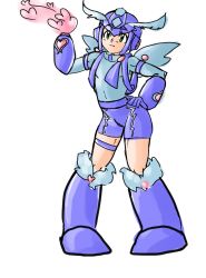 Rule 34 | 1boy, android, arm cannon, fusion, green eyes, hand on own hip, heart, helmet, hexafusion, highres, keppok, kid icarus, nintendo, pigeon-toed, pit (kid icarus), mega man (series), mega man (character), mega man (classic), shorts, thigh strap, weapon, wings