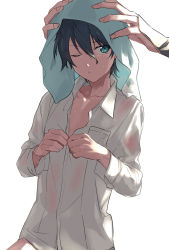 Rule 34 | 1boy, black hair, blue eyes, breast pocket, collared shirt, dress shirt, earrings, hair between eyes, hanadi (hndboo), hands on another&#039;s head, horikawa kunihiro, jewelry, long sleeves, looking at viewer, male focus, one eye closed, out-of-frame censoring, out of frame, pocket, see-through, shirt, short hair, simple background, solo focus, stud earrings, swept bangs, touken ranbu, towel, towel on head, undressing, upper body, wet, wet clothes, wet shirt, white background, white shirt