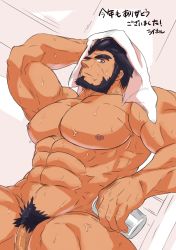 Rule 34 | 1boy, abs, absurdres, bara, beard, black hair, body hair, completely nude, excessive pubic hair, facial hair, flaccid, forked eyebrows, grey eyes, highres, large pectorals, looking at viewer, male focus, male pubic hair, muscular, muscular male, navel, nipples, nude, old, old man, original, pectorals, penis, pubic hair, raineru (gryffindor131), short hair, simple background, solo, thick thighs, thighs, towel, towel on head, wet