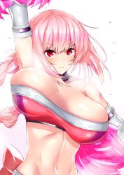 Rule 34 | 1girl, alternate costume, arm up, bare shoulders, bouncing breasts, breasts, fate (series), florence nightingale (fate), flying sweatdrops, highres, large breasts, looking at viewer, midriff, navel, parted lips, pink eyes, pink hair, pom pom (clothes), sankakusui, short hair, simple background, solo, unaligned breasts, white background