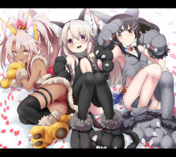 Rule 34 | 3girls, :d, animal ear fluff, animal ears, animal hands, armpit crease, ass, asymmetrical legwear, bare shoulders, bed sheet, bell, black gloves, black hairband, black legwear, black leotard, black skirt, blush, bow, breasts, brown eyes, brown hair, cat ears, cat tail, center opening, chloe von einzbern, cleavage, closed mouth, commentary request, dangerous beast (chloe), dangerous beast (illya), dangerous beast (miyu), dark-skinned female, dark skin, fake animal ears, fake tail, fang, fate/kaleid liner prisma illya, fate (series), flat chest, from above, full body, fur-trimmed gloves, fur-trimmed skirt, fur collar, fur trim, garter straps, gloves, grey legwear, grey vest, hair bell, hair between eyes, hair bow, hair ornament, hairband, hairclip, high ponytail, illyasviel von einzbern, jingle bell, knees up, leg ribbon, leotard, letterboxed, light brown hair, long hair, looking at viewer, lying, miyu edelfelt, multiple girls, noa (nagareboshi), nose blush, official alternate costume, on back, on side, open mouth, panties, paw gloves, paw shoes, petals, ponytail, red bow, red eyes, red panties, red ribbon, ribbon, shoes, single thighhigh, skindentation, skirt, smile, tail, tail ornament, tail ribbon, tareme, thigh ribbon, thighhighs, underwear, uneven legwear, v-shaped eyebrows, vest, white background, yellow gloves