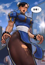 Rule 34 | 1girl, absurdres, ayaki blade, black pantyhose, blue sky, bracelet, breasts, brown hair, building, capcom, chinese clothes, chinese text, chun-li, cloud, double bun, dragon print, earrings, hair bun, highres, hip bones, jewelry, medium breasts, pantyhose, pelvic curtain, profanity, puffy short sleeves, puffy sleeves, reflection, short sleeves, sky, skyscraper, solo, speech bubble, spiked bracelet, spikes, street fighter, swept bangs, taut clothes, torn clothes, torn pantyhose, translated