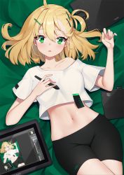 Rule 34 | 1girl, ahoge, ankkoyom, bed sheet, bike shorts, black shorts, blonde hair, breasts, collarbone, crop top, crop top overhang, drawing tablet, green eyes, hair ornament, hairclip, hand up, highres, looking at viewer, lying, midriff, navel, off shoulder, on back, one side up, original, parted lips, recursion, shirt, short hair, short shorts, short sleeves, shorts, small breasts, solo, stomach, tablet pc, white shirt