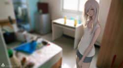 Rule 34 | 1girl, bare arms, bare shoulders, black eyes, blurry, breasts, collarbone, cowboy shot, depth of field, hair over one eye, indoors, long hair, looking at viewer, oopartz yang, original, parted lips, photo background, short shorts, shorts, small breasts, solo, tank top, white hair