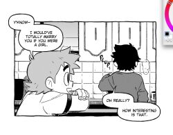Rule 34 | 2boys, art program in frame, english text, greyscale, indoors, kitchen, looking at viewer, male focus, monochrome, multiple boys, open mouth, ryaa1234, scott pilgrim, scott pilgrim (series), scott pilgrim takes off, shirt, short hair, smile, speech bubble, wallace wells
