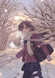 Rule 34 | 1girl, absurdres, bag, black footwear, black pantyhose, blue neckwear, blue skirt, blurry, blurry foreground, bow, bowtie, branch, brown cardigan, brown eyes, brown hair, brown jacket, cardigan, day, enpera, gloves, grin, hechima (issindotai), highres, huge filesize, jacket, light particles, long hair, long sleeves, looking at viewer, open clothes, open jacket, original, outdoors, pantyhose, pleated skirt, scarf, school bag, school uniform, skirt, smile, snow, solo, sun, sunlight, walking, white gloves, winter, winter clothes