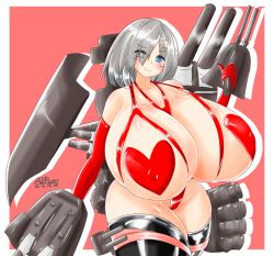 Rule 34 | 10s, 1girl, ayazumi flutter, bikini, black thighhighs, blue eyes, blush, bra, breasts, cannon, collarbone, covered erect nipples, cupless bra, elbow gloves, female focus, gigantic breasts, gloves, hair ornament, hair over one eye, hairclip, hamakaze (kancolle), heart pasties, kantai collection, looking at viewer, pasties, plump, red bikini, red gloves, red theme, shiny skin, short hair, silver hair, simple background, solo, standing, string bikini, swimsuit, thick thighs, thighhighs, thighs, underwear, weapon, wide hips