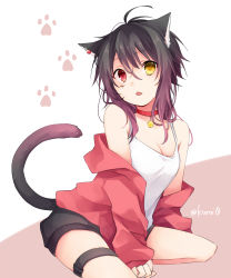 Rule 34 | 1girl, animal ears, antenna hair, bare shoulders, black hair, black shorts, breasts, brown hair, cat day, cat ears, cat girl, cat tail, choker, cleavage, earrings, fang, gradient hair, hair between eyes, heterochromia, highres, jacket, jewelry, kneeling, kuroi (liar-player), long hair, long sleeves, looking at viewer, multicolored hair, off shoulder, open clothes, open jacket, original, parted lips, red choker, red eyes, red jacket, scar, shirt, short shorts, shorts, sleeveless, sleeveless shirt, sleeves past wrists, small breasts, solo, tail, thigh strap, thighs, twitter username, two-tone background, white shirt, yellow eyes