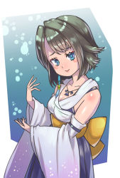 Rule 34 | 1girl, blue eyes, breasts, brown hair, closed mouth, detached sleeves, final fantasy, final fantasy x, hair ornament, hakama, highres, japanese clothes, jewelry, kuwango, looking at viewer, necklace, short hair, smile, solo, yuna (ff10)