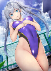 Rule 34 | 1girl, blue eyes, blush, commentary request, competition swimsuit, covered navel, covered nipples, cowboy shot, from below, gentsuki, grey hair, highleg, highleg swimsuit, highres, hip focus, kimi omou koi, kuroe (kimi omou koi), long hair, looking at viewer, looking down, one-piece swimsuit, outdoors, parted lips, purple one-piece swimsuit, solo, standing, swimsuit, thighs