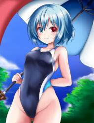 Rule 34 | 1girl, black one-piece swimsuit, blue eyes, blue hair, blue sky, breasts, bush, cloud, competition swimsuit, covered navel, cowboy shot, gluteal fold, groin, heterochromia, highleg, highleg swimsuit, highres, looking at viewer, matelia, one-piece swimsuit, red eyes, short hair, sky, small breasts, smile, solo, swimsuit, tatara kogasa, touhou, umbrella