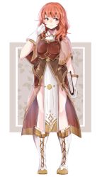Rule 34 | 1girl, armor, book, boots, breastplate, celica (fire emblem), closed mouth, cosplay, fire emblem, fire emblem echoes: shadows of valentia, full body, gloves, headband, holding, holding book, knee boots, long hair, mae (fire emblem), mae (fire emblem) (cosplay), nintendo, pelvic curtain, red eyes, red hair, reinynii, solo, standing, white gloves