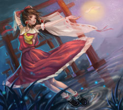 Rule 34 | 1girl, bobby socks, detached sleeves, dropbird, dutch angle, female focus, fireflies, grass, hakurei reimu, highres, loafers, long skirt, multiple torii, night, ofuda, outstretched arm, parted lips, sarashi, see-through, shoes, skirt, socks, solo, torii, touhou, water, wide sleeves
