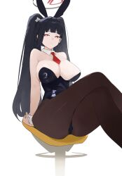 Rule 34 | 1girl, absurdres, alternate costume, alternate hairstyle, animal ears, bare arms, bare shoulders, black hair, black leotard, black pantyhose, blue archive, blunt bangs, breasts, bright pupils, cleavage, closed mouth, crossed legs, detached collar, dokshuri, fake animal ears, feet out of frame, hair ornament, hairclip, halo, highres, large breasts, leotard, long hair, looking at viewer, necktie, pantyhose, rabbit ears, red eyes, red necktie, rio (blue archive), short necktie, simple background, sitting, solo, stool, strapless, strapless leotard, twintails, very long hair, white background, white pupils, wrist cuffs