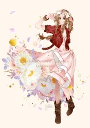 Rule 34 | 1girl, absurdres, aerith gainsborough, belt, boots, bracelet, braid, breasts, brown hair, buttons, cleavage, dress, final fantasy, final fantasy vii, final fantasy vii remake, flower, full body, green eyes, hair flower, hair ornament, highres, jacket, jewelry, long hair, pink dress, red jacket, ribbon, solo, square enix, wavy hair, yco 030601