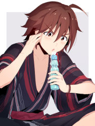 Rule 34 | 10s, 11kkr, 1boy, ahoge, amagase touma, bad id, bad pixiv id, blush, bracelet, brown hair, dragon print, eyebrows, froth, grey background, idolmaster, idolmaster side-m, japanese clothes, jewelry, kimono, looking down, male focus, open mouth, ramune, rectangle, red eyes, simple background, solo, upper body, yukata